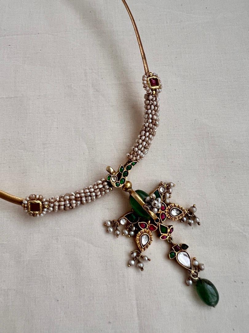 Gold polish kundan, ruby & emerald hasli with antique style kc pearls-Silver Neckpiece-CI-House of Taamara