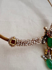 Gold polish kundan, ruby & emerald hasli with antique style kc pearls-Silver Neckpiece-CI-House of Taamara