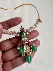 Gold polish kundan, ruby & emerald hasli with antique style kc pearls-Silver Neckpiece-CI-House of Taamara