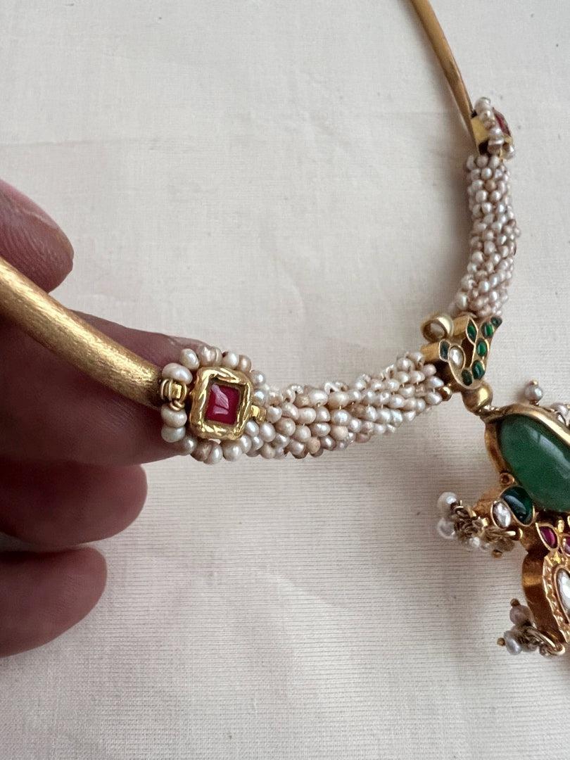 Gold polish kundan, ruby & emerald hasli with antique style kc pearls-Silver Neckpiece-CI-House of Taamara