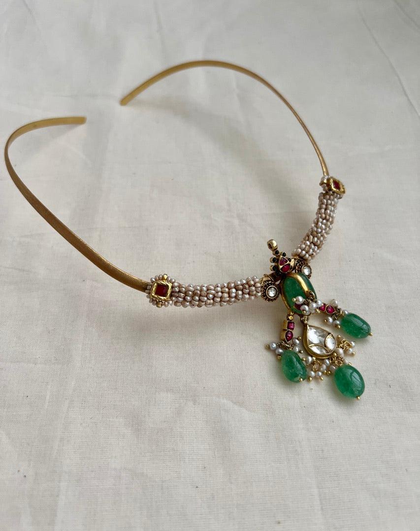 Gold polish kundan, ruby & emerald hasli with antique style kc pearls-Silver Neckpiece-CI-House of Taamara