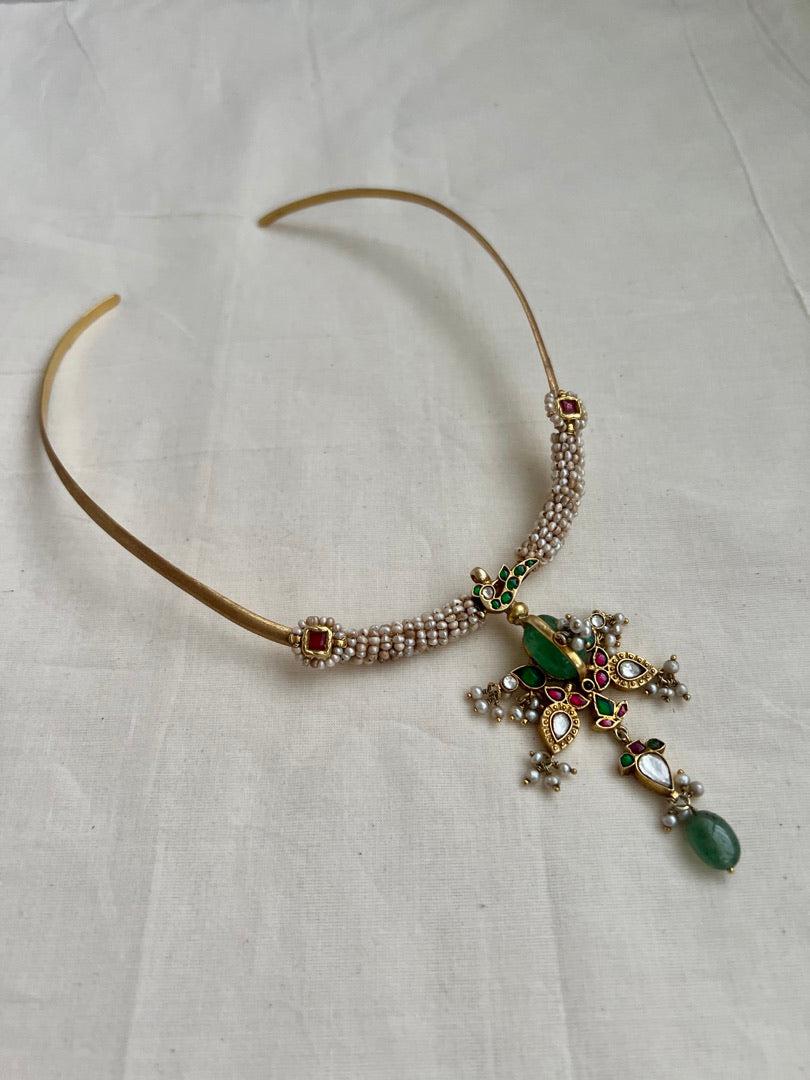 Gold polish kundan, ruby & emerald hasli with antique style kc pearls-Silver Neckpiece-CI-House of Taamara