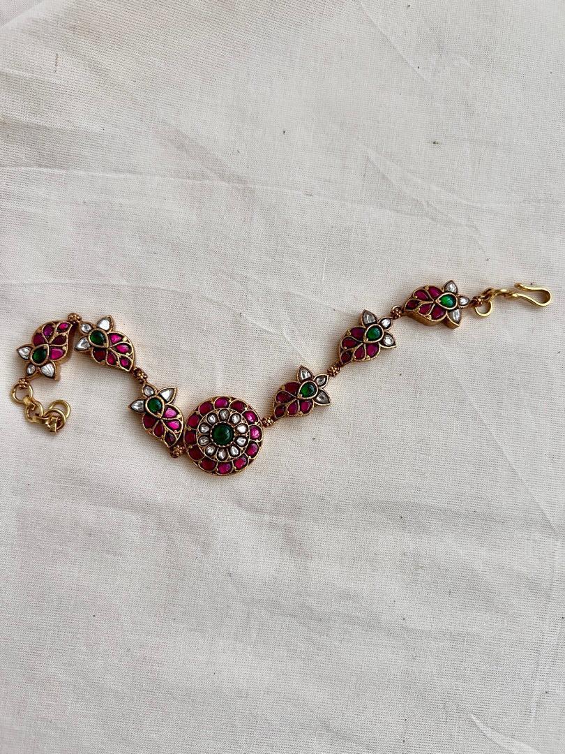 Gold polish kundan, ruby & emerald hook bracelet-Silver Bracelet-CI-House of Taamara