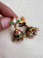 Gold polish kundan, ruby & emerald jhumkas with pearls-Earrings-CI-House of Taamara