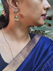 Gold polish kundan, ruby & emerald jhumkas with pearls-Earrings-CI-House of Taamara