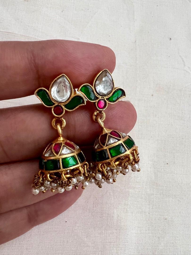 Gold polish kundan, ruby & emerald jhumkas with pearls-Earrings-CI-House of Taamara