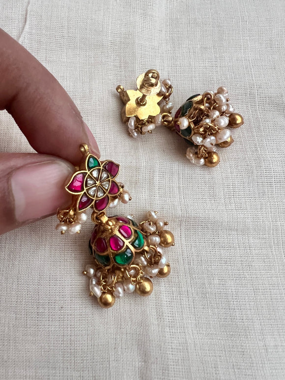 Gold polish kundan, ruby & emerald jhumkas with pearls-Earrings-CI-House of Taamara