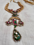 Gold polish kundan, ruby & emerald kundan inlay pendant necklace-Silver Neckpiece-CI-House of Taamara