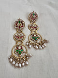 Gold polish kundan, ruby & emerald long earrings with pearls-Earrings-CI-House of Taamara