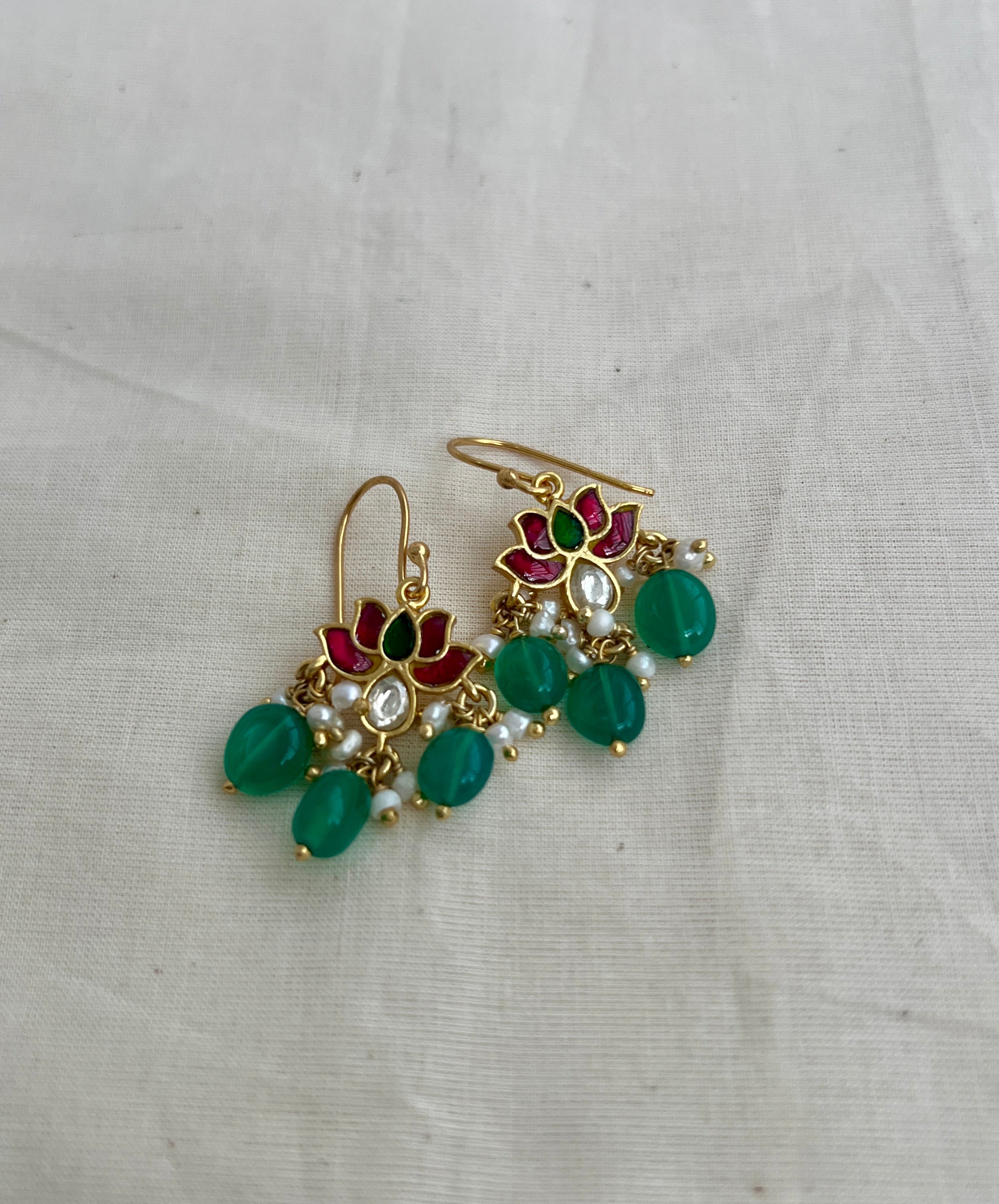 Gold polish kundan, ruby & emerald lotus hook earrings-Earrings-CI-House of Taamara