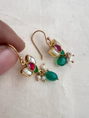 Gold polish kundan, ruby & emerald lotus hook earrings-Earrings-CI-House of Taamara