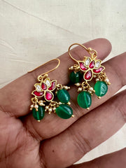 Gold polish kundan, ruby & emerald lotus hook earrings-Earrings-CI-House of Taamara