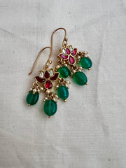 Gold polish kundan, ruby & emerald lotus hook earrings-Earrings-CI-House of Taamara