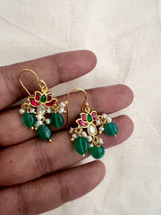 Gold polish kundan, ruby & emerald lotus hook earrings-Earrings-CI-House of Taamara