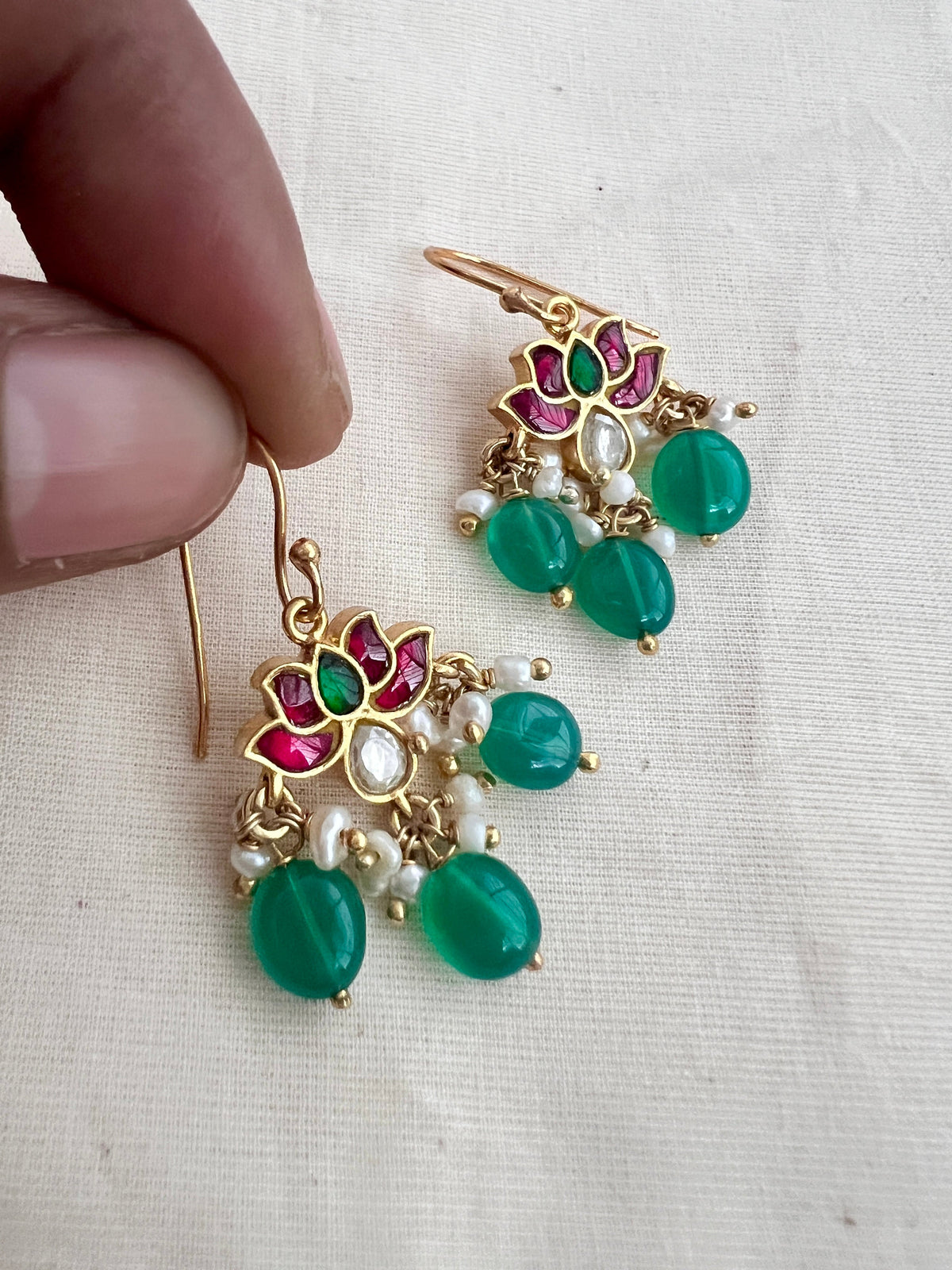 Gold polish kundan, ruby & emerald lotus hook earrings-Earrings-CI-House of Taamara