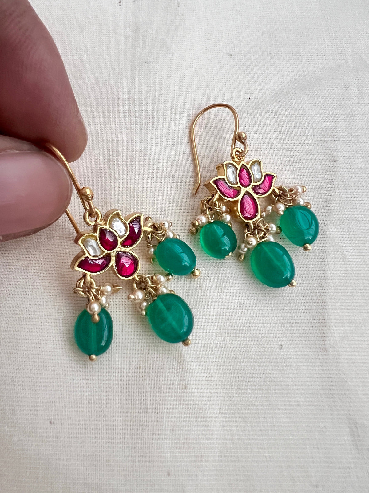 Gold polish kundan, ruby & emerald lotus hook earrings-Earrings-CI-House of Taamara