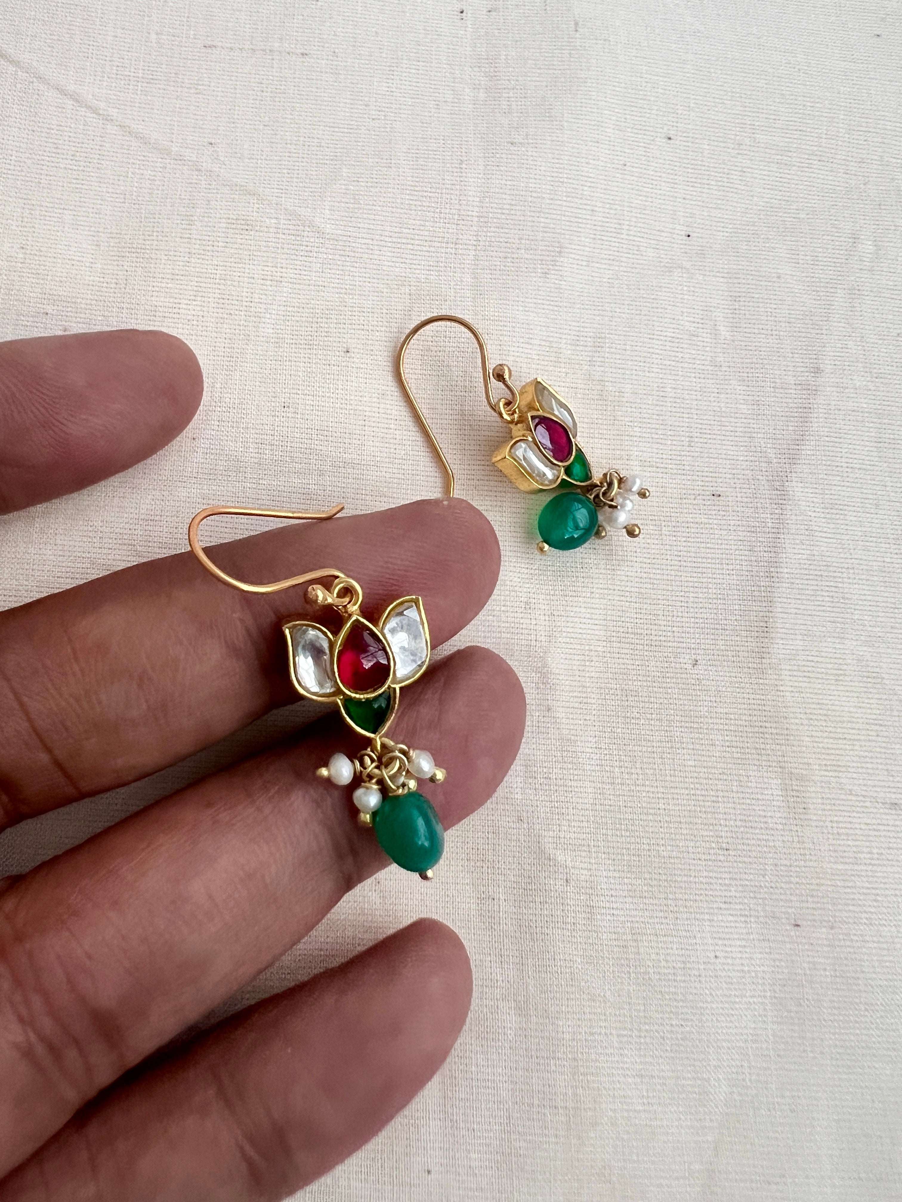 Gold polish kundan, ruby & emerald lotus hook earrings-Earrings-CI-House of Taamara