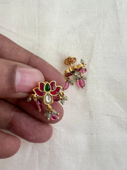 Gold polish kundan, ruby & emerald lotus studs with jade & ruby beads-Earrings-CI-House of Taamara