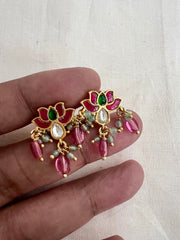 Gold polish kundan, ruby & emerald lotus studs with jade & ruby beads-Earrings-CI-House of Taamara