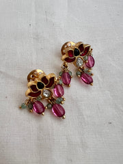 Gold polish kundan, ruby & emerald lotus studs with jade & ruby beads-Earrings-CI-House of Taamara