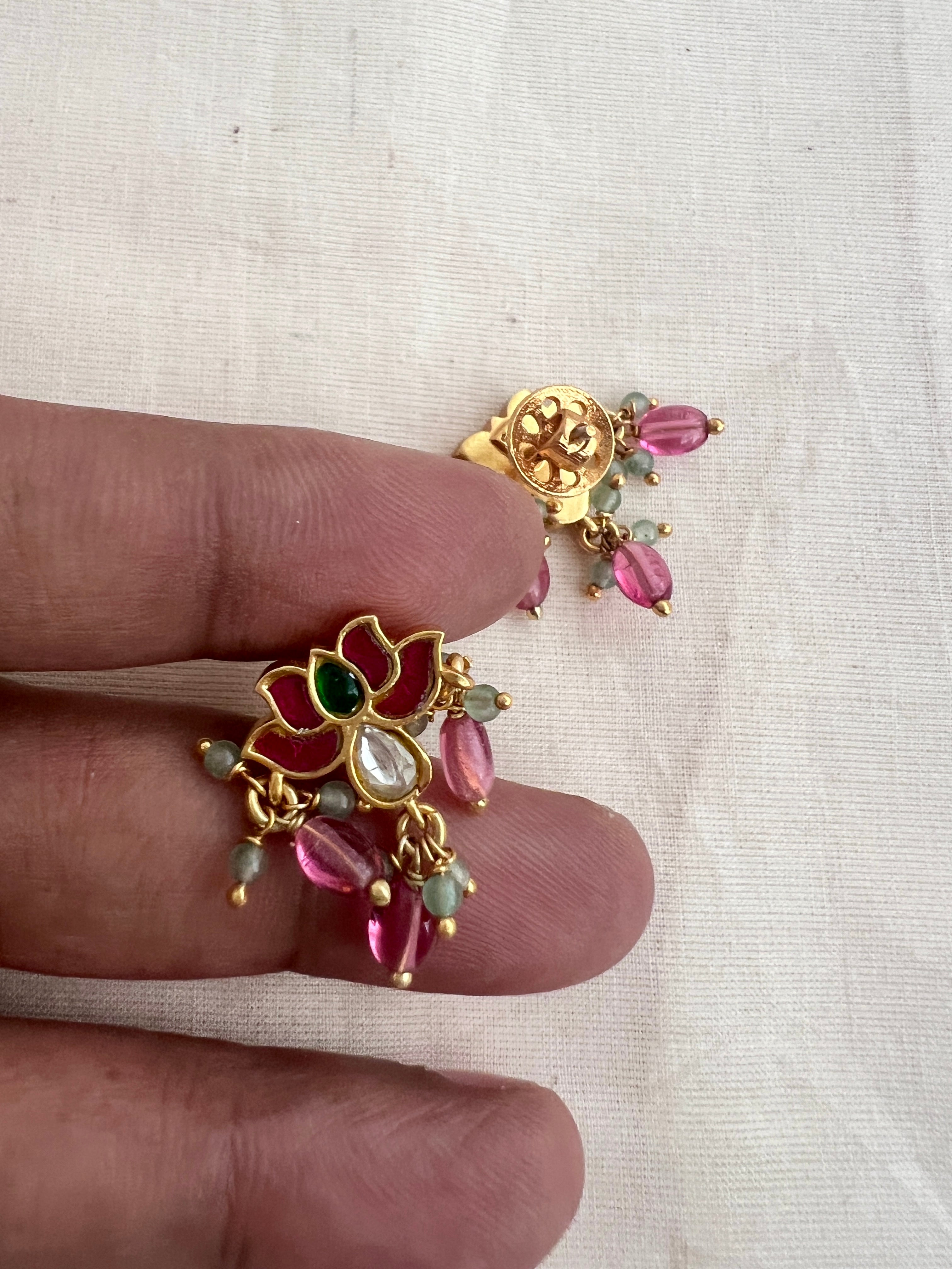 Gold polish kundan, ruby & emerald lotus studs with jade & ruby beads-Earrings-CI-House of Taamara