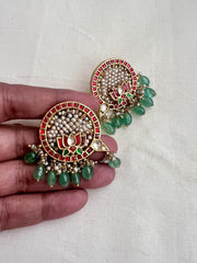 Gold polish kundan, ruby & emerald lotus studs with pearls and jade beads-Earrings-CI-House of Taamara