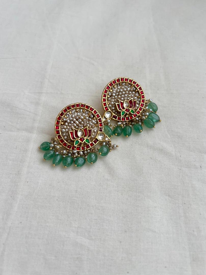 Gold polish kundan, ruby & emerald lotus studs with pearls and jade beads-Earrings-CI-House of Taamara