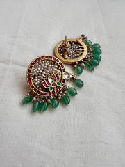 Gold polish kundan, ruby & emerald lotus studs with pearls and jade beads-Earrings-CI-House of Taamara