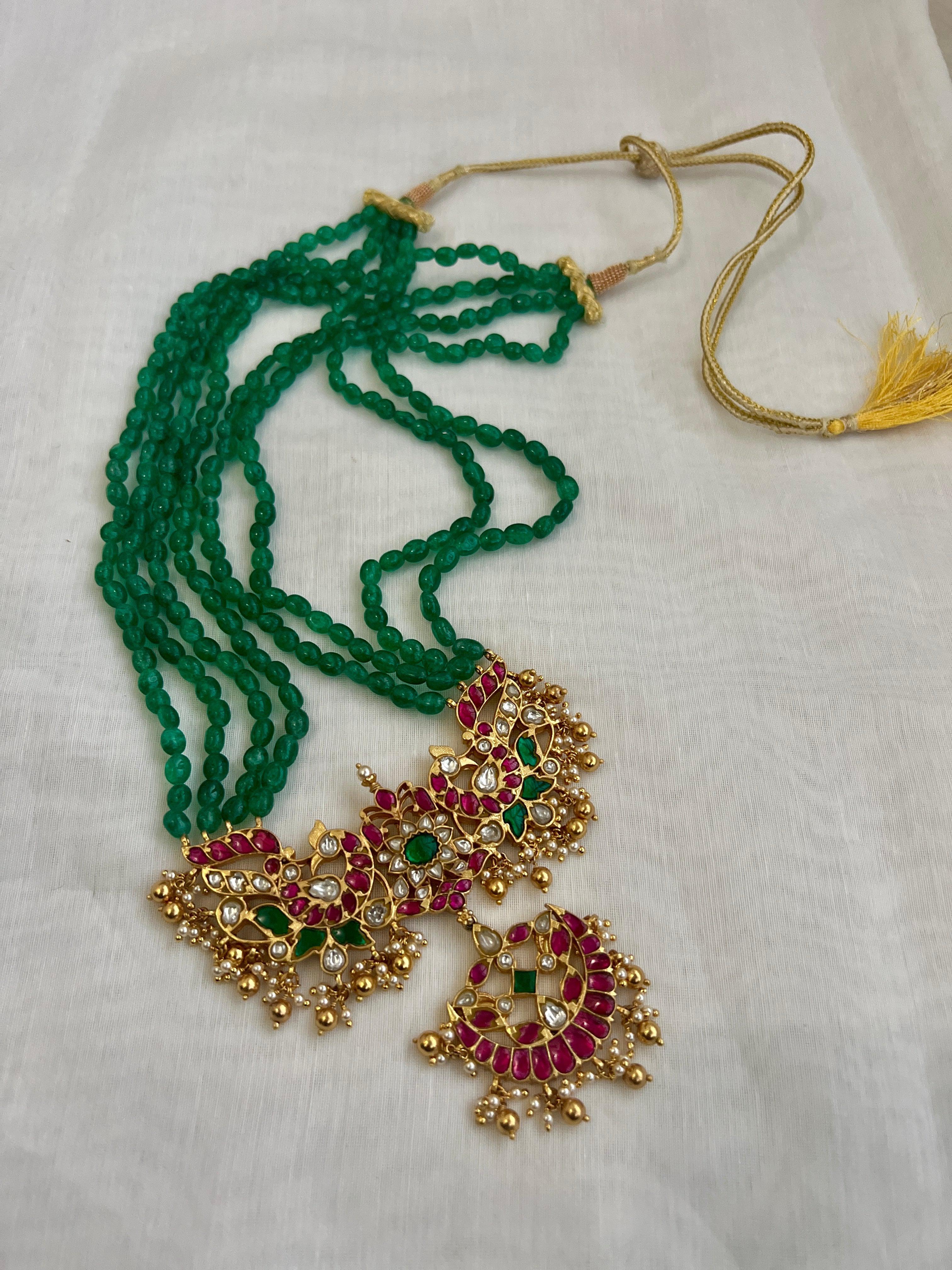 Gold polish kundan, ruby & emerald magri pendant necklace with green onyx beads-Silver Neckpiece-CI-House of Taamara