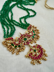 Gold polish kundan, ruby & emerald magri pendant necklace with green onyx beads-Silver Neckpiece-CI-House of Taamara