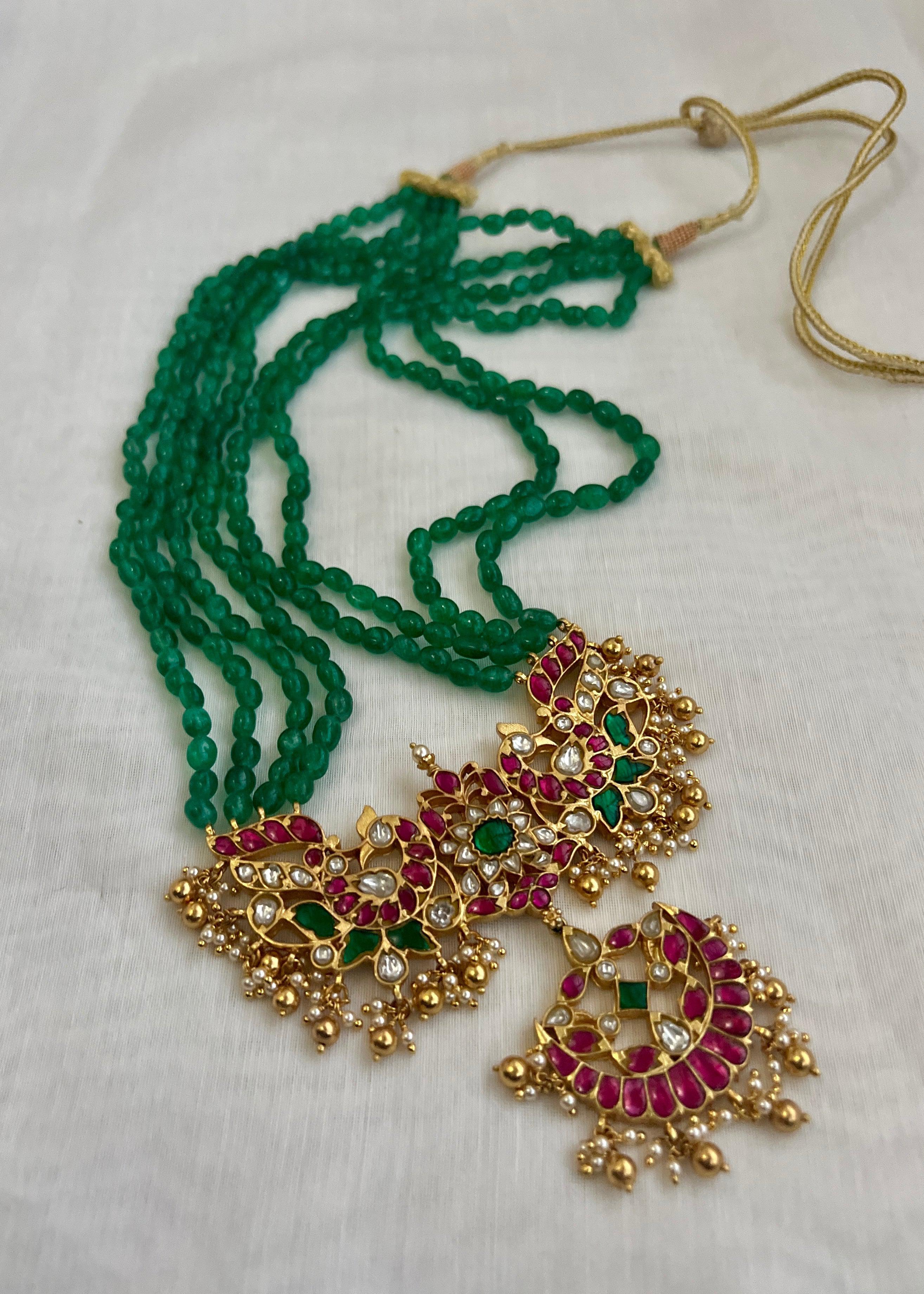 Gold polish kundan, ruby & emerald magri pendant necklace with green onyx beads-Silver Neckpiece-CI-House of Taamara