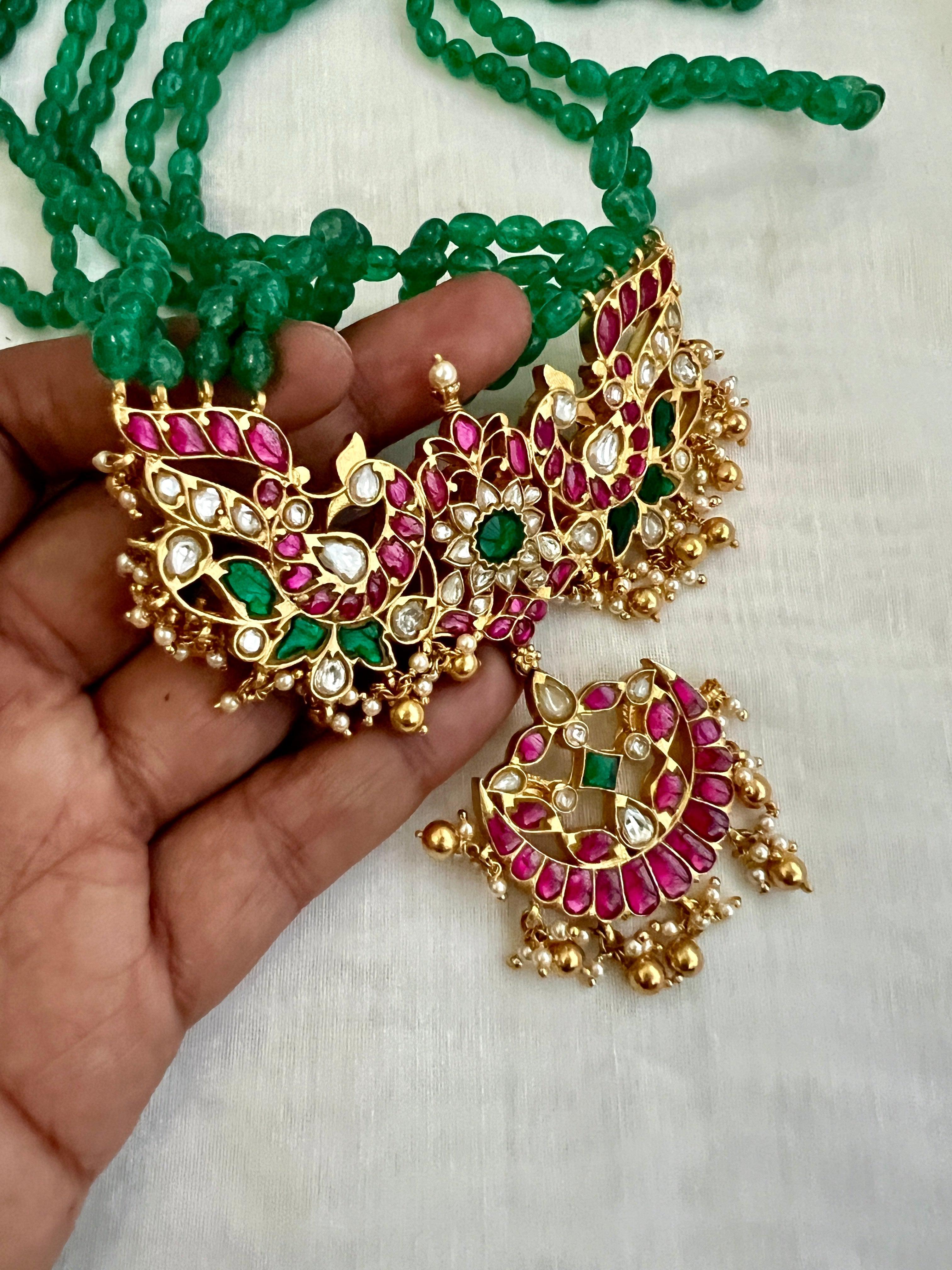 Gold polish kundan, ruby & emerald magri pendant necklace with green onyx beads-Silver Neckpiece-CI-House of Taamara