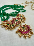 Gold polish kundan, ruby & emerald magri pendant necklace with green onyx beads-Silver Neckpiece-CI-House of Taamara