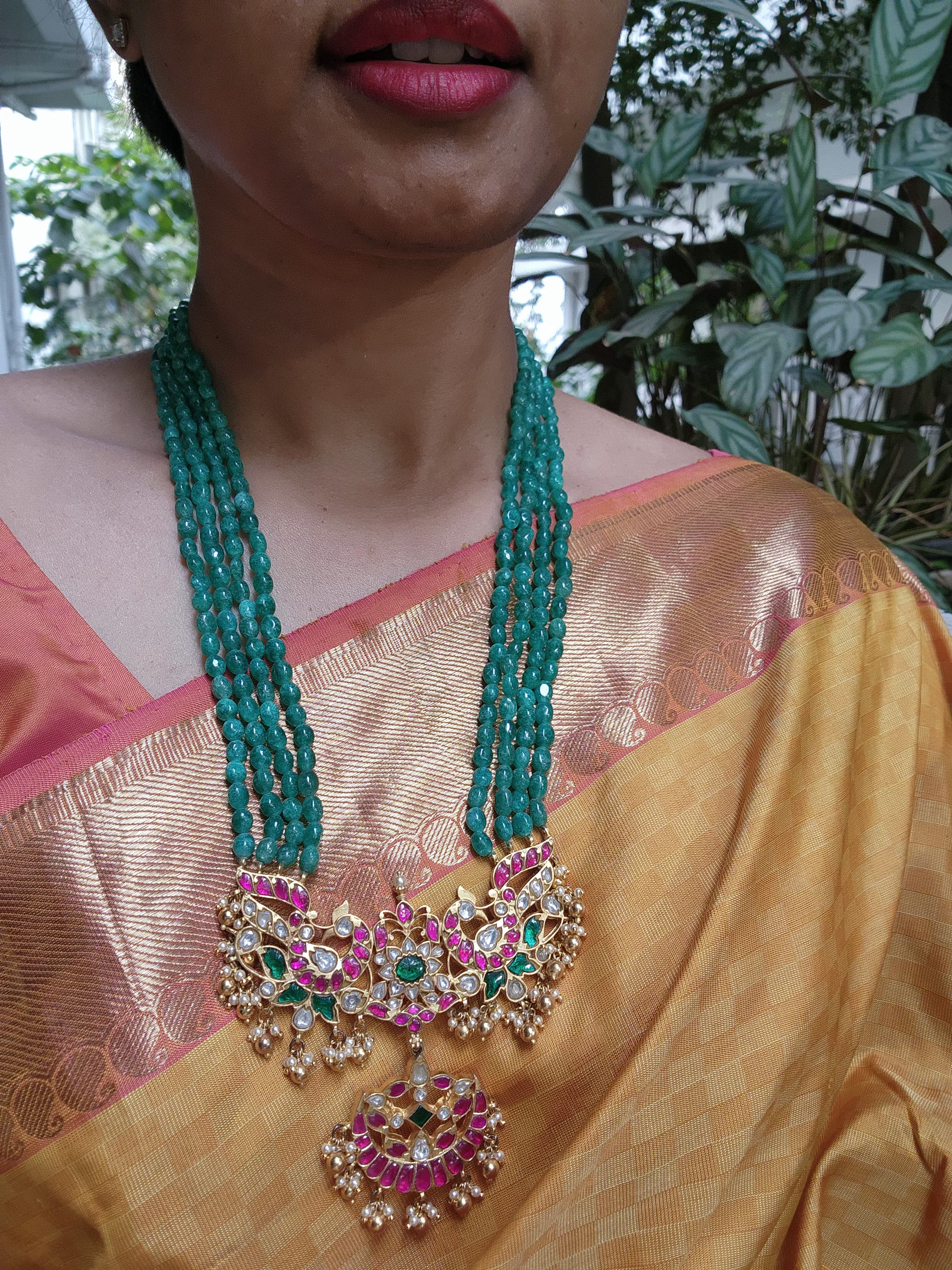 Gold polish kundan, ruby & emerald magri pendant necklace with green onyx beads-Silver Neckpiece-CI-House of Taamara