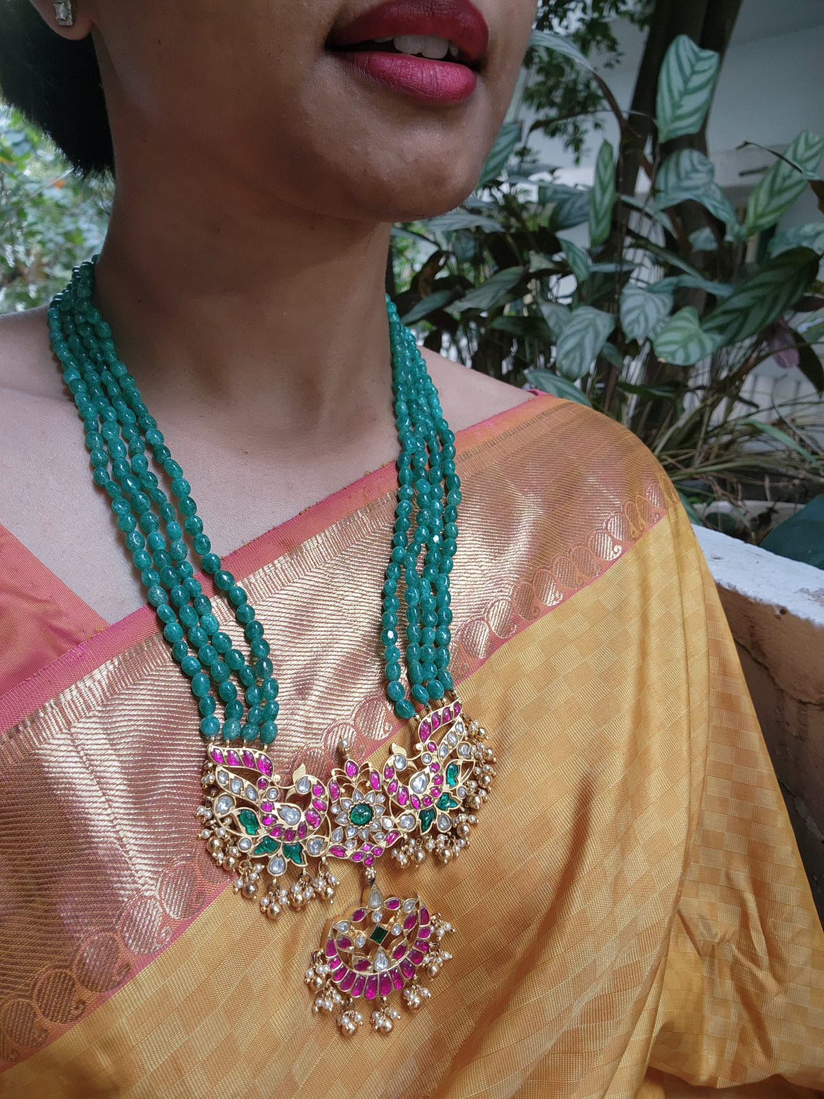 Gold polish kundan, ruby & emerald magri pendant necklace with green onyx beads-Silver Neckpiece-CI-House of Taamara