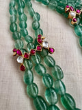 Gold polish kundan, ruby & emerald magri pendant with jade beads chain-Silver Neckpiece-CI-House of Taamara