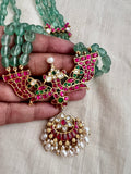 Gold polish kundan, ruby & emerald magri pendant with jade beads chain-Silver Neckpiece-CI-House of Taamara