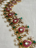 Gold polish kundan, ruby & emerald mango haram with pearls & green onyx beads-Silver Neckpiece-CI-House of Taamara