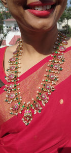 Gold polish kundan, ruby & emerald mango haram with pearls & green onyx beads-Silver Neckpiece-CI-House of Taamara