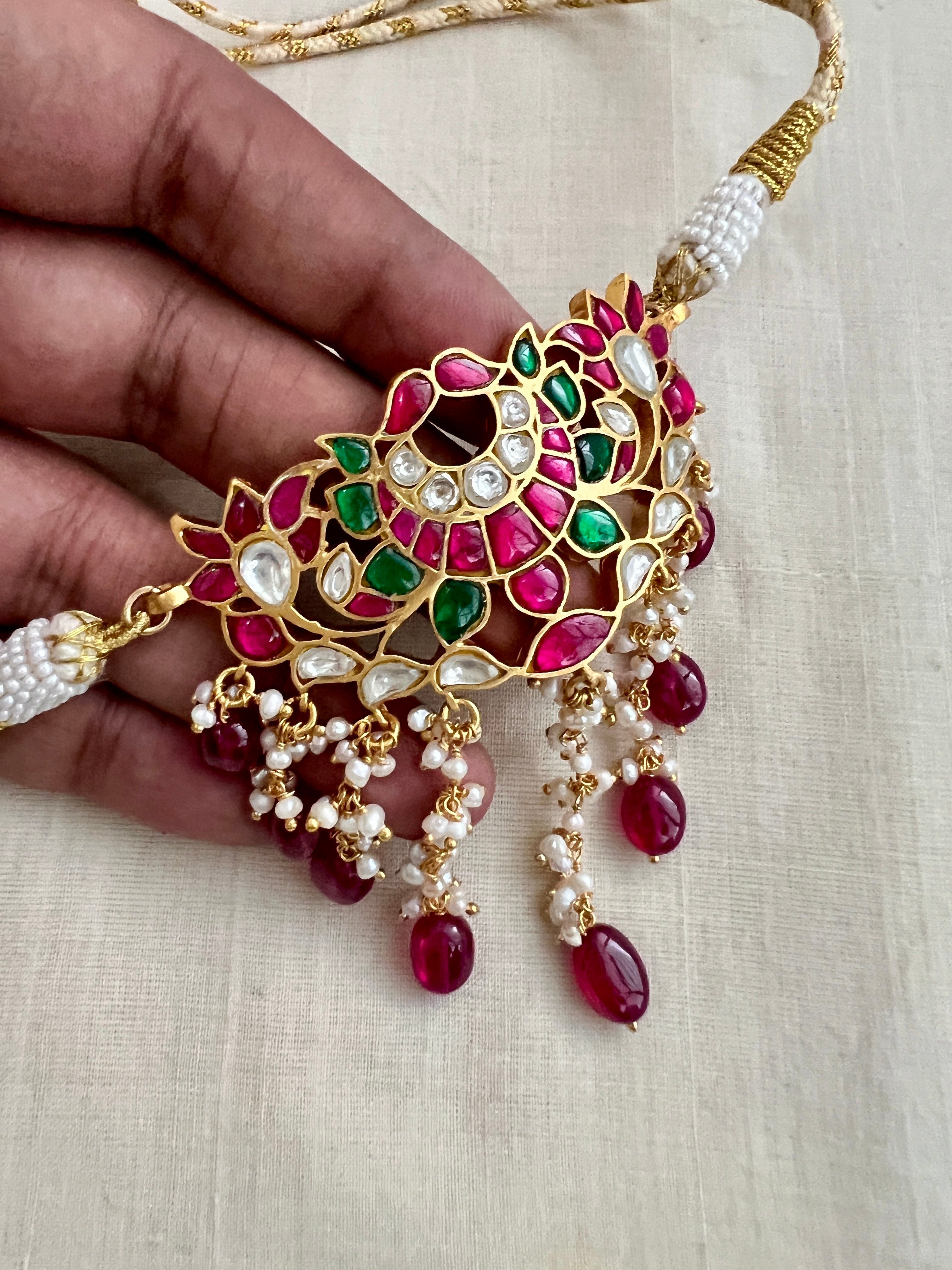 Gold polish kundan, ruby & emerald mini choker with pearls and ruby beads-Silver Neckpiece-CI-House of Taamara