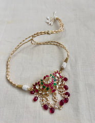 Gold polish kundan, ruby & emerald mini choker with pearls and ruby beads-Silver Neckpiece-CI-House of Taamara