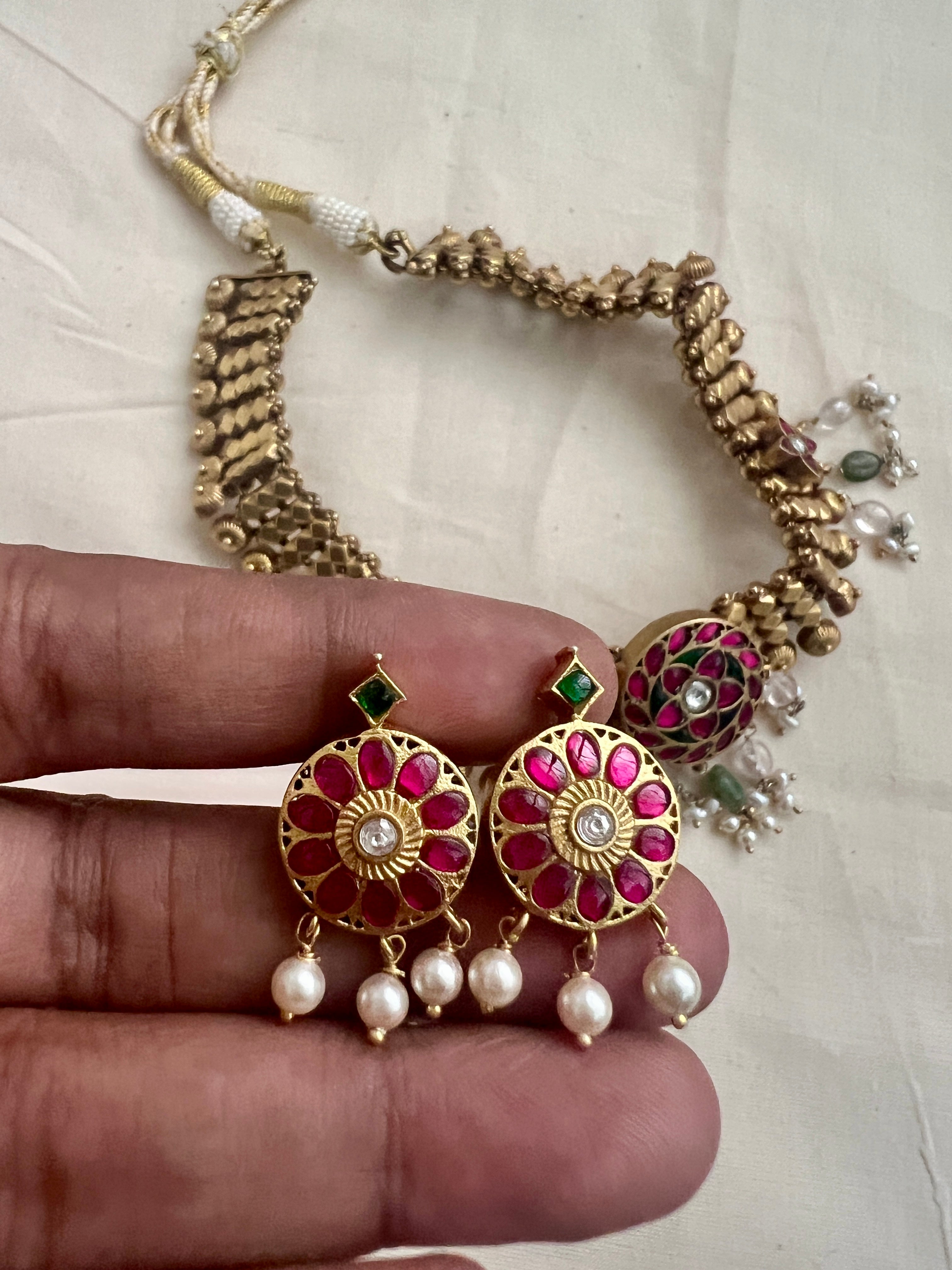 Gold polish kundan, ruby & emerald necklace with earrings, SET-Silver Neckpiece-CI-House of Taamara