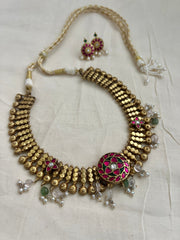 Gold polish kundan, ruby & emerald necklace with earrings, SET-Silver Neckpiece-CI-House of Taamara