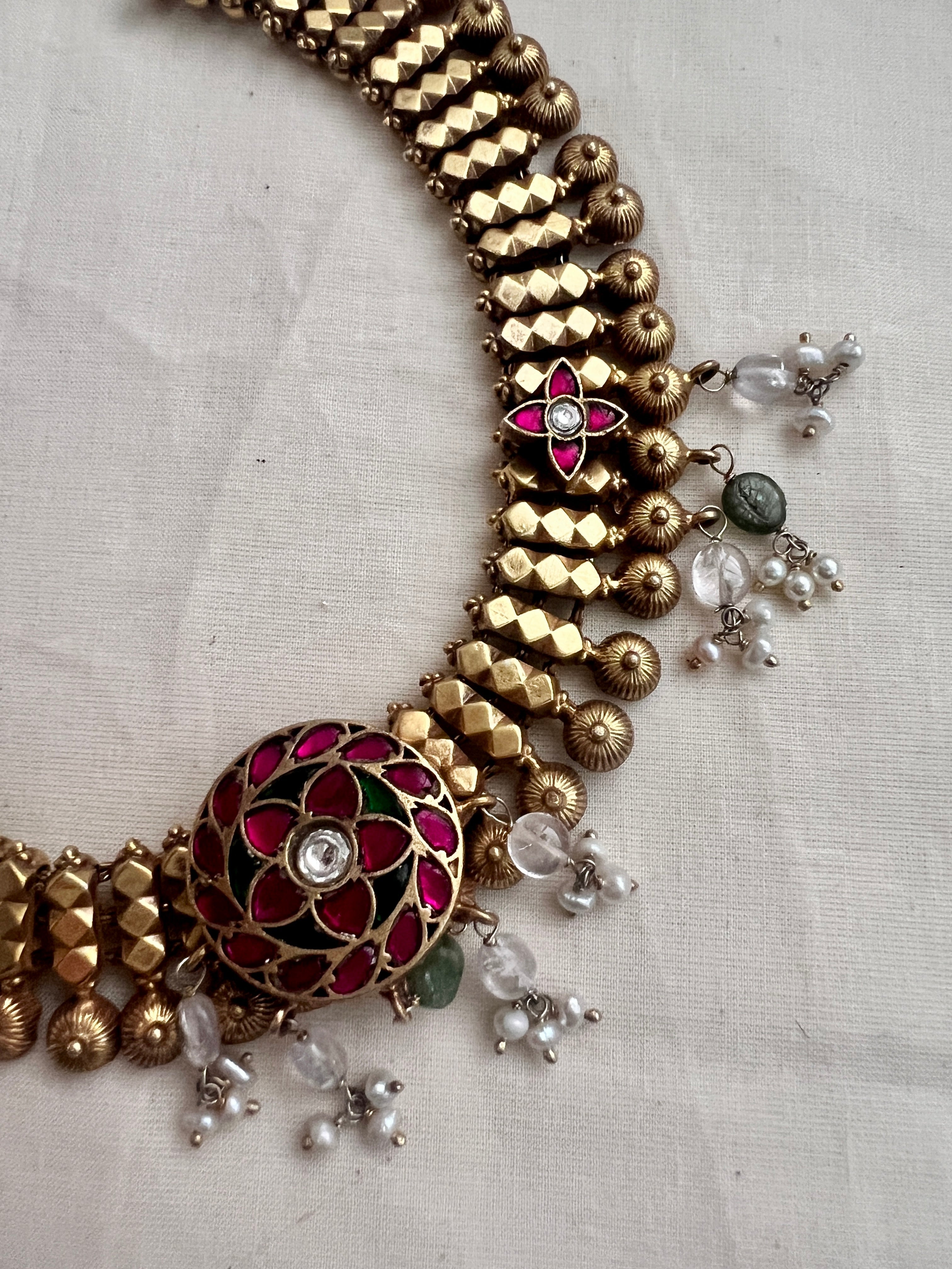 Gold polish kundan, ruby & emerald necklace with earrings, SET-Silver Neckpiece-CI-House of Taamara