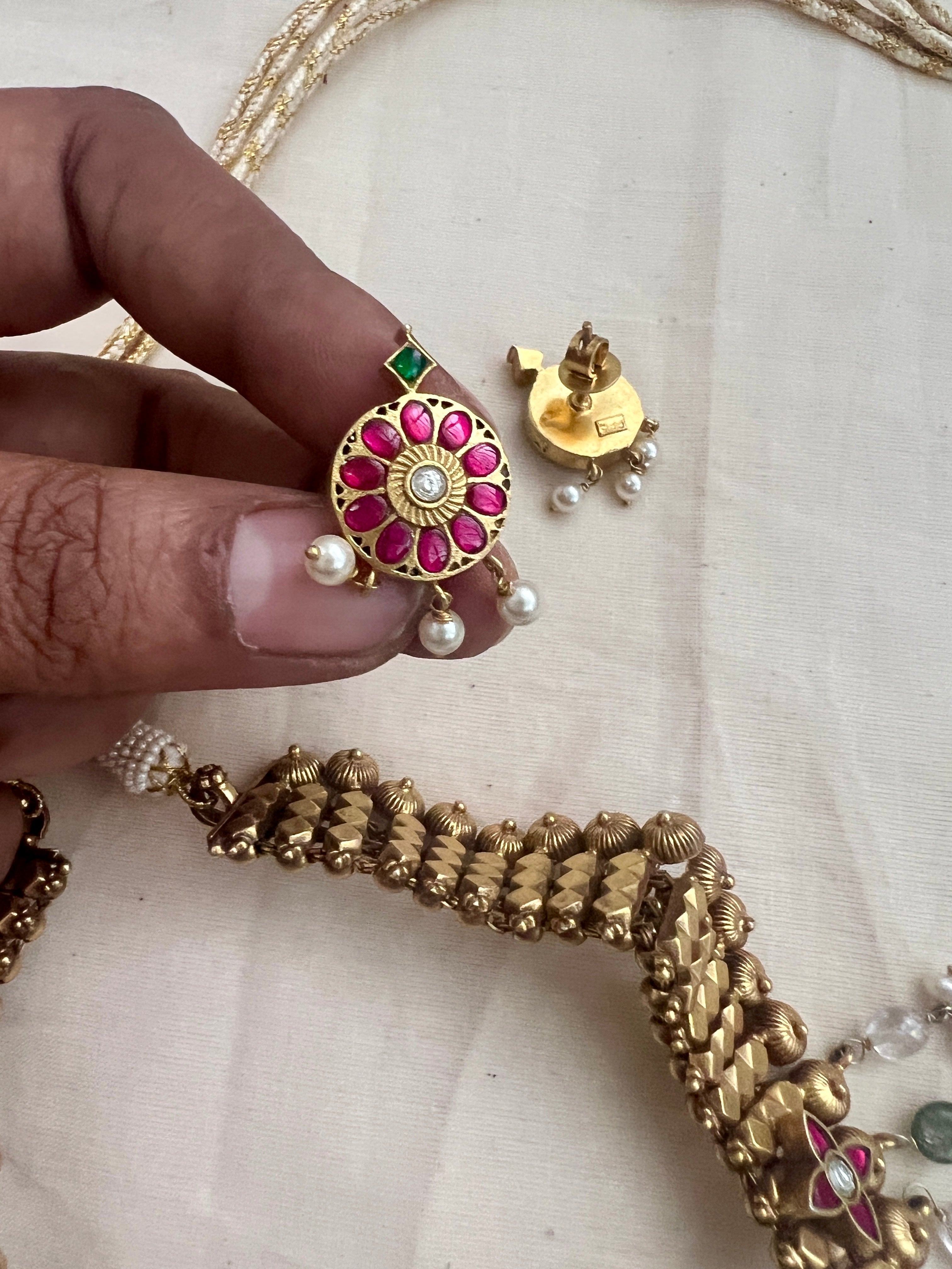 Gold polish kundan, ruby & emerald necklace with earrings, SET-Silver Neckpiece-CI-House of Taamara