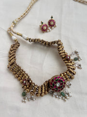 Gold polish kundan, ruby & emerald necklace with earrings, SET-Silver Neckpiece-CI-House of Taamara