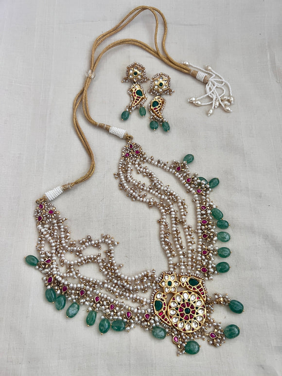 Gold polish kundan, ruby & emerald necklace with earrings and pearls bunch, SET-Silver Neckpiece-CI-House of Taamara
