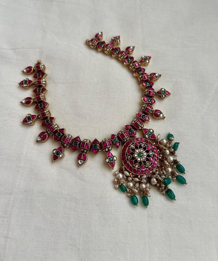 Gold polish kundan, ruby & emerald necklace with grean onyx & pearl beads-Silver Neckpiece-CI-House of Taamara