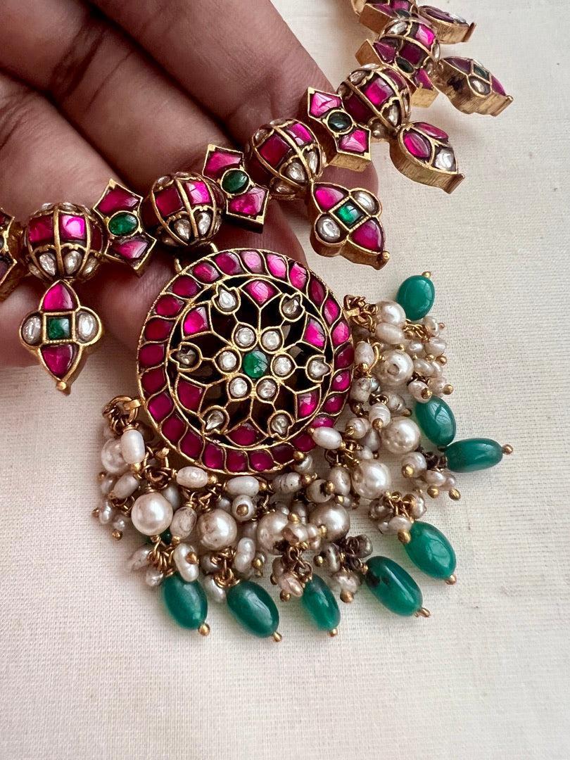 Gold polish kundan, ruby & emerald necklace with grean onyx & pearl beads-Silver Neckpiece-CI-House of Taamara