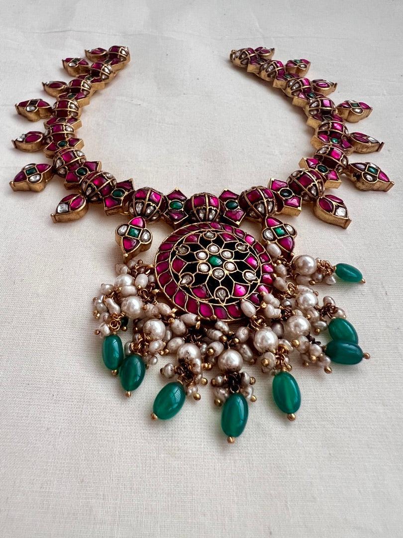 Gold polish kundan, ruby & emerald necklace with grean onyx & pearl beads-Silver Neckpiece-CI-House of Taamara